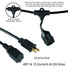 Cargar imagen en el visor de la galería, built-in loops black wire with 15 sockets 48ft long and E26 base