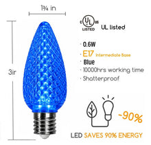 Load image into Gallery viewer, blue shatter proof faceted C9 LED bulb dimensions and energy percentage
