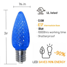Load image into Gallery viewer, blue shatter proof faceted C9 LED bulb dimensions and energy percentage
