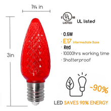 Charger l'image dans la galerie, red shaterproof faceted C9 LED bulb dimensions and energy percentage
