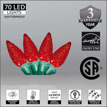 Load image into Gallery viewer, Case 24 Red 70 Light LED Faceted C6 Outdoor Christmas Mini Light Set
