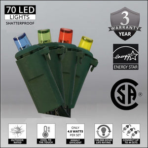 Case 24 Multi-Coloured 70 Light LED Outdoor Christmas Mini Light Set, 5mm Conical wide