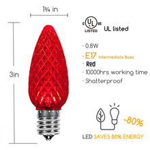 Cargar imagen en el visor de la galería, red shaterproof faceted C9 LED bulb dimensions and energy percentage
