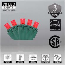 Load image into Gallery viewer, Red 70 Light LED Outdoor Christmas Mini Light Set, 5mm Conical wide
