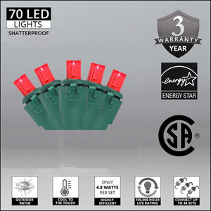 Red 70 Light LED Outdoor Christmas Mini Light Set, 5mm Conical wide