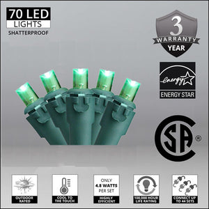 Green 70 Light LED Outdoor Christmas Mini Light Set, 5mm Conical wide