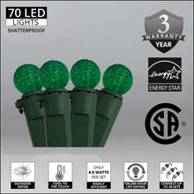 Load image into Gallery viewer, Case 24 Green 70 Light LED Faceted G12 Outdoor Christmas Mini Light Set
